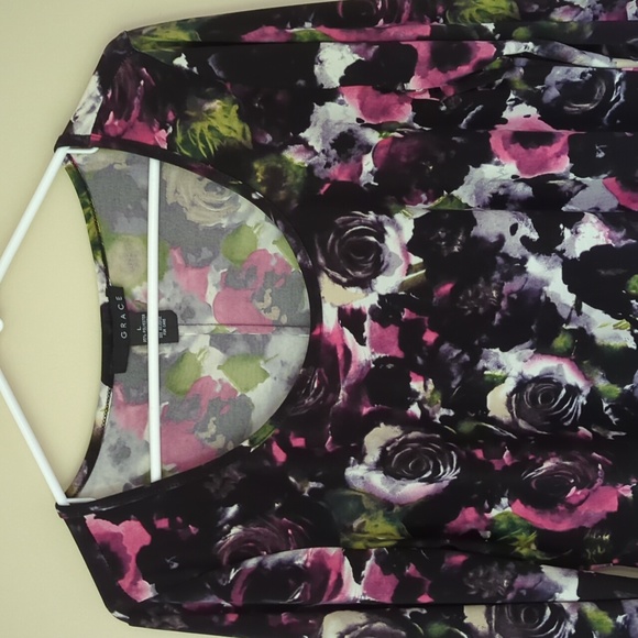 Grace Floral Scoop Neck High Low LS Blouse L Black Pink - Picture 4 of 12